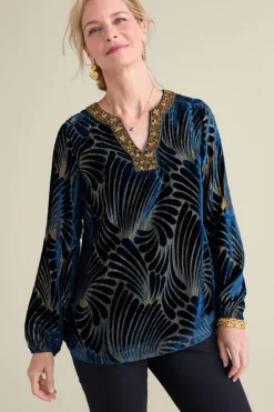 Clearance Soft Surroundings Adrienne Embroidered Velvet Tunic BlueSwirlVelvetBurnout