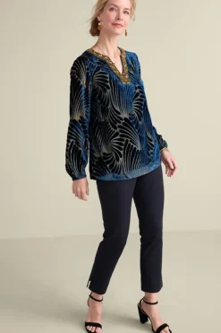 Clearance Soft Surroundings Adrienne Embroidered Velvet Tunic BlueSwirlVelvetBurnout