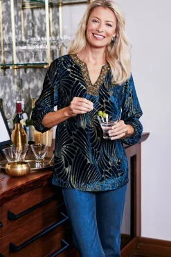Clearance Soft Surroundings Adrienne Embroidered Velvet Tunic BlueSwirlVelvetBurnout