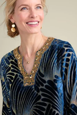 Clearance Soft Surroundings Adrienne Embroidered Velvet Tunic BlueSwirlVelvetBurnout