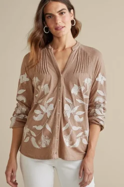 Sale Soft Surroundings Alva Embroidered Knit Top Beige