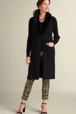 Clearance Soft Surroundings Amalie Faux Fur Collar Ribbed Cardigan Black
