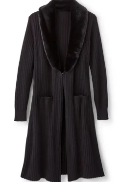 Clearance Soft Surroundings Amalie Faux Fur Collar Ribbed Cardigan Black