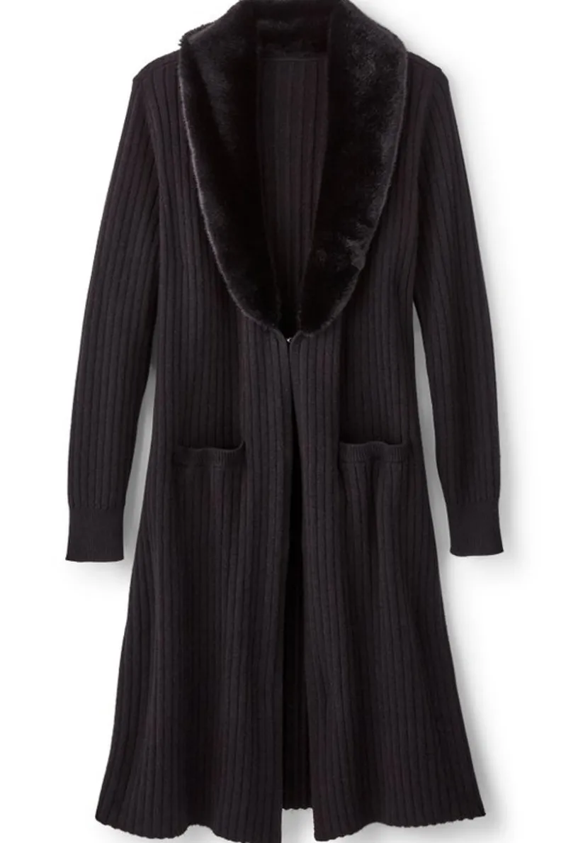 Clearance Soft Surroundings Amalie Faux Fur Collar Ribbed Cardigan Black