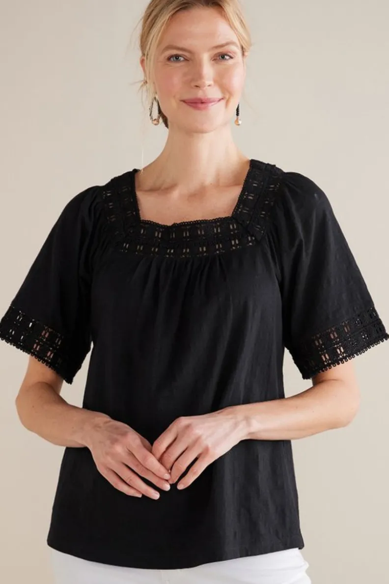 New Soft Surroundings Brianna Crochet Knit Tee Black