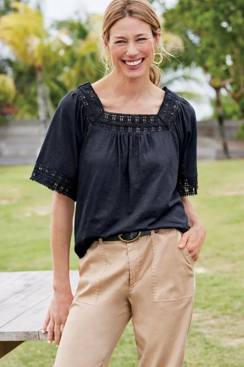 New Soft Surroundings Brianna Crochet Knit Tee Black