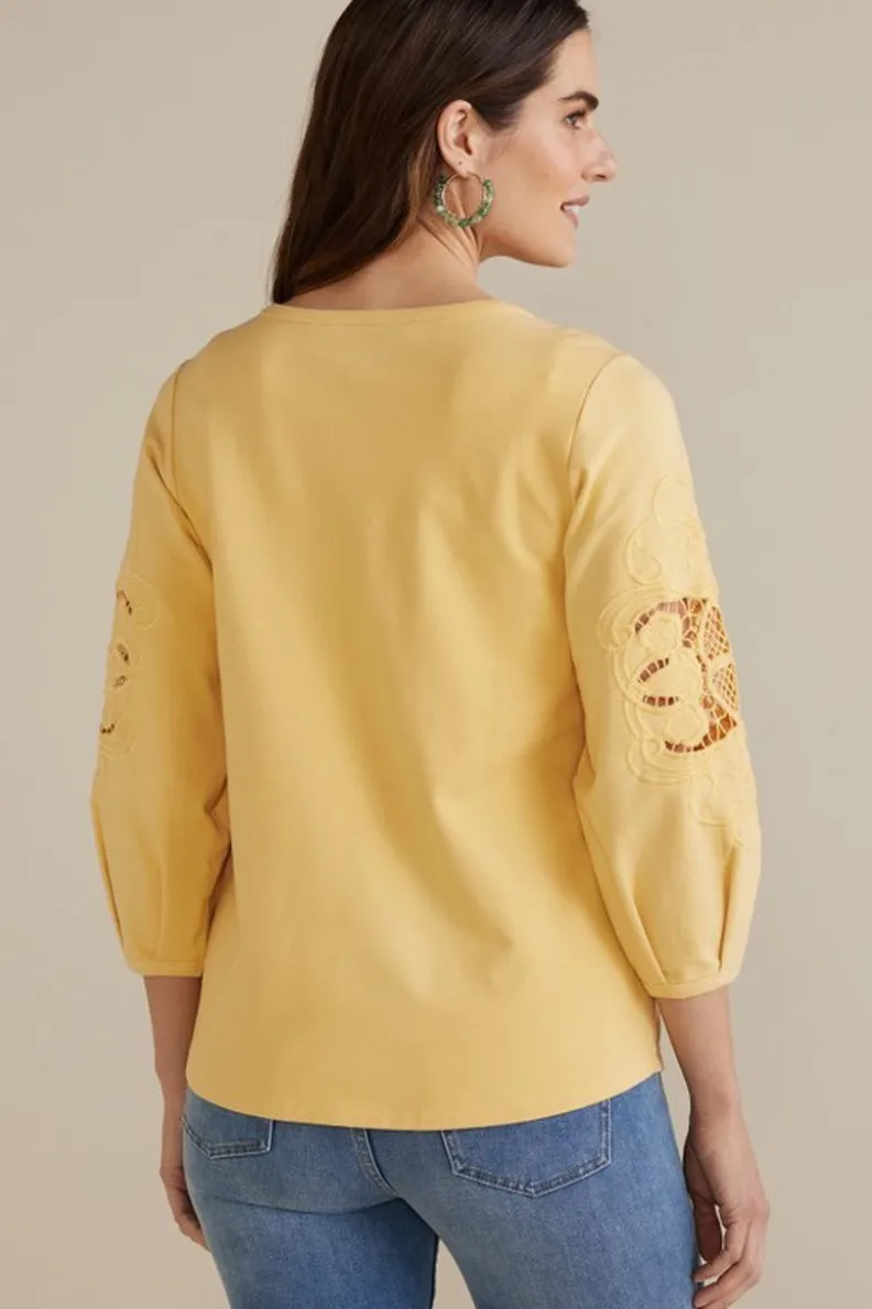 Hot Soft Surroundings Charmaine Embroidered French Terry Top BuffYellow
