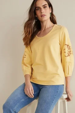Hot Soft Surroundings Charmaine Embroidered French Terry Top BuffYellow