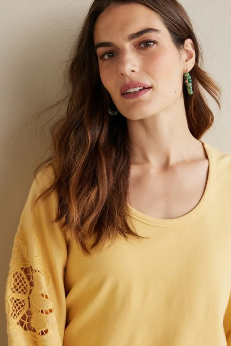Hot Soft Surroundings Charmaine Embroidered French Terry Top BuffYellow
