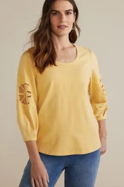 Hot Soft Surroundings Charmaine Embroidered French Terry Top BuffYellow