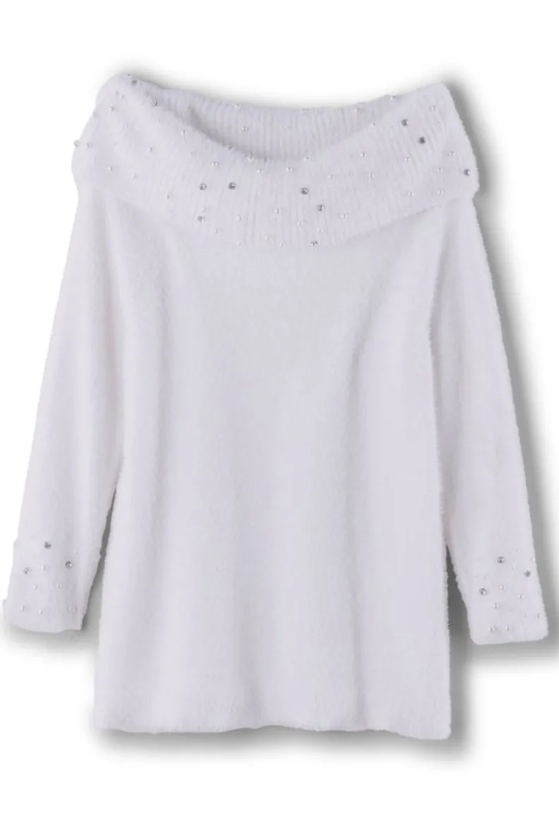 Hot Soft Surroundings Christina Embellished Cowl Neck Sweater Tunic IvoryPearl