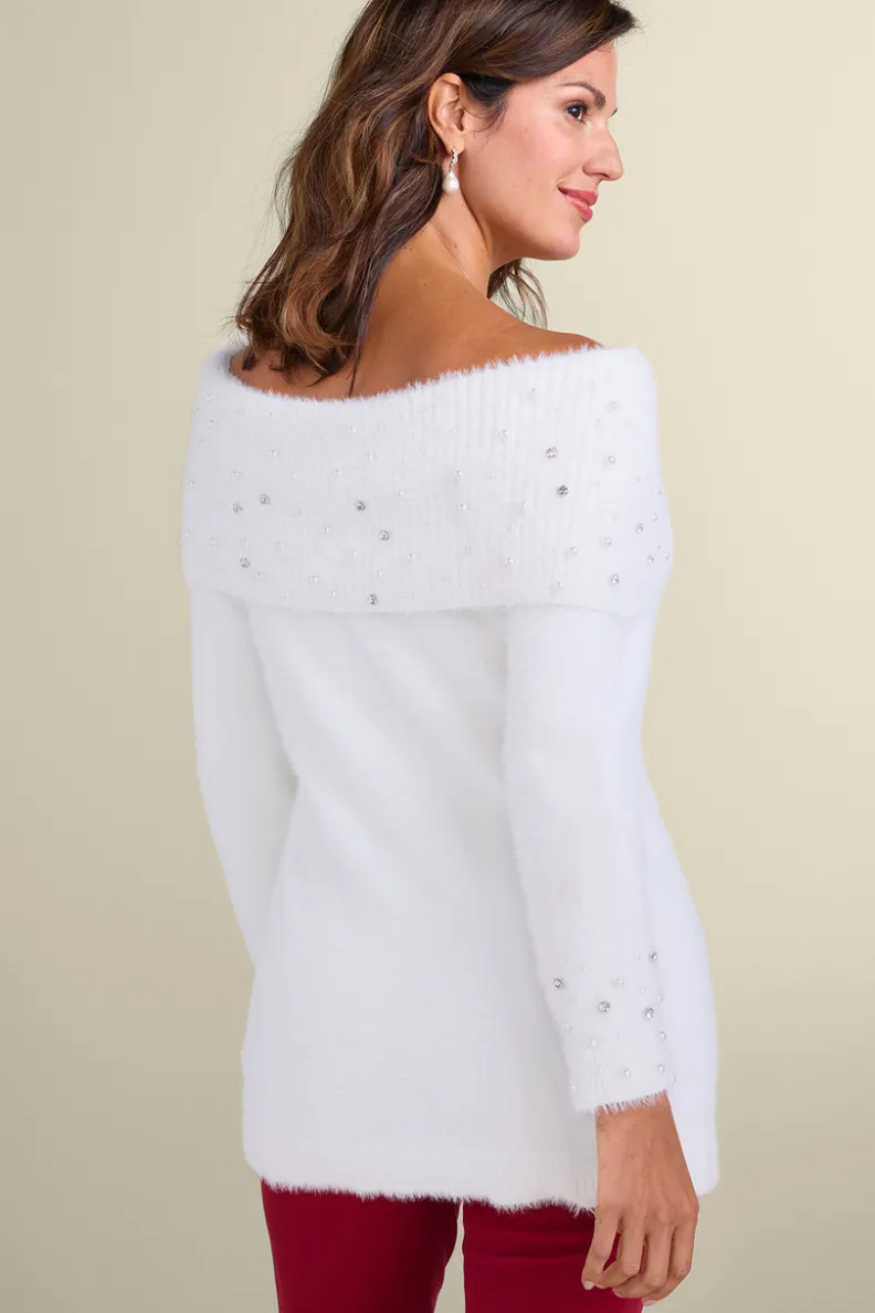 Hot Soft Surroundings Christina Embellished Cowl Neck Sweater Tunic IvoryPearl