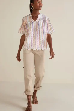 Outlet Soft Surroundings Ciel Metallic Stripe Eyelet Top MultiMetallicStripe