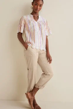 Outlet Soft Surroundings Ciel Metallic Stripe Eyelet Top MultiMetallicStripe