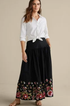 New Soft Surroundings Cindi Embroidered Maxi Skirt Black