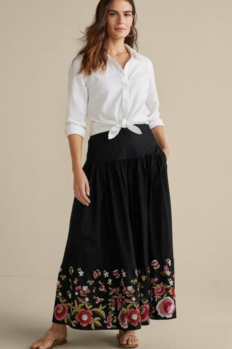 New Soft Surroundings Cindi Embroidered Maxi Skirt Black