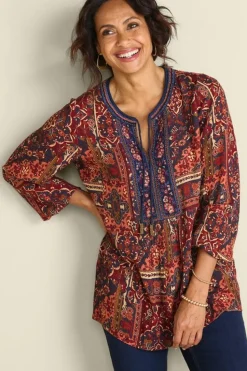 Online Soft Surroundings Cindra Embroidered Gauze Tunic RivieraPatchworkBurgund