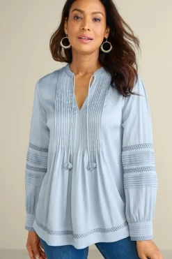 Best Soft Surroundings Connie Lace Trim Crepe Top BlueFog