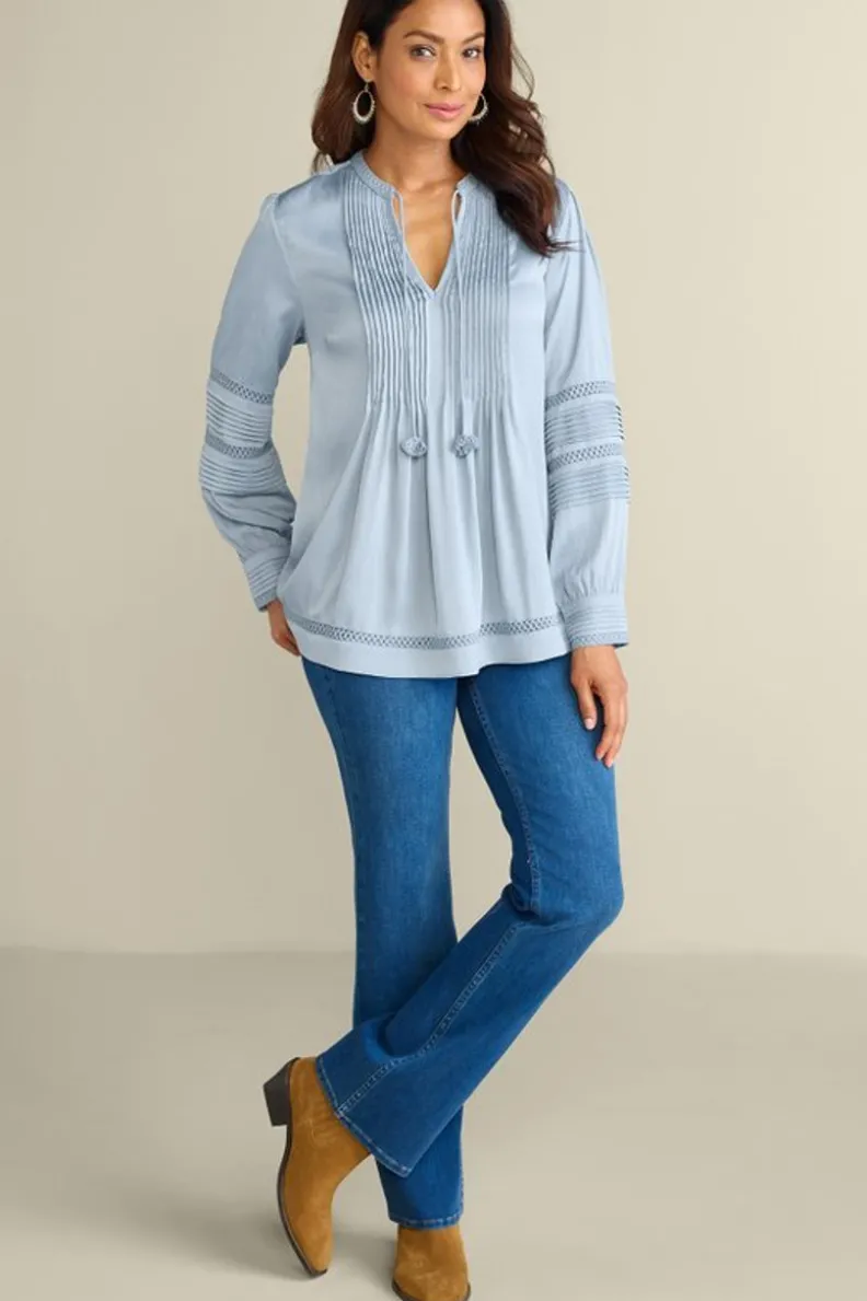 Best Soft Surroundings Connie Lace Trim Crepe Top BlueFog