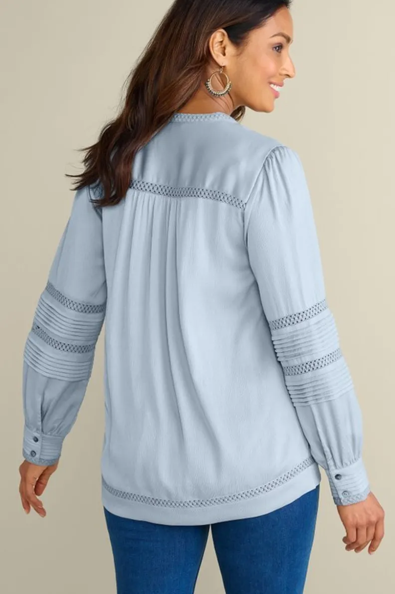 Best Soft Surroundings Connie Lace Trim Crepe Top BlueFog