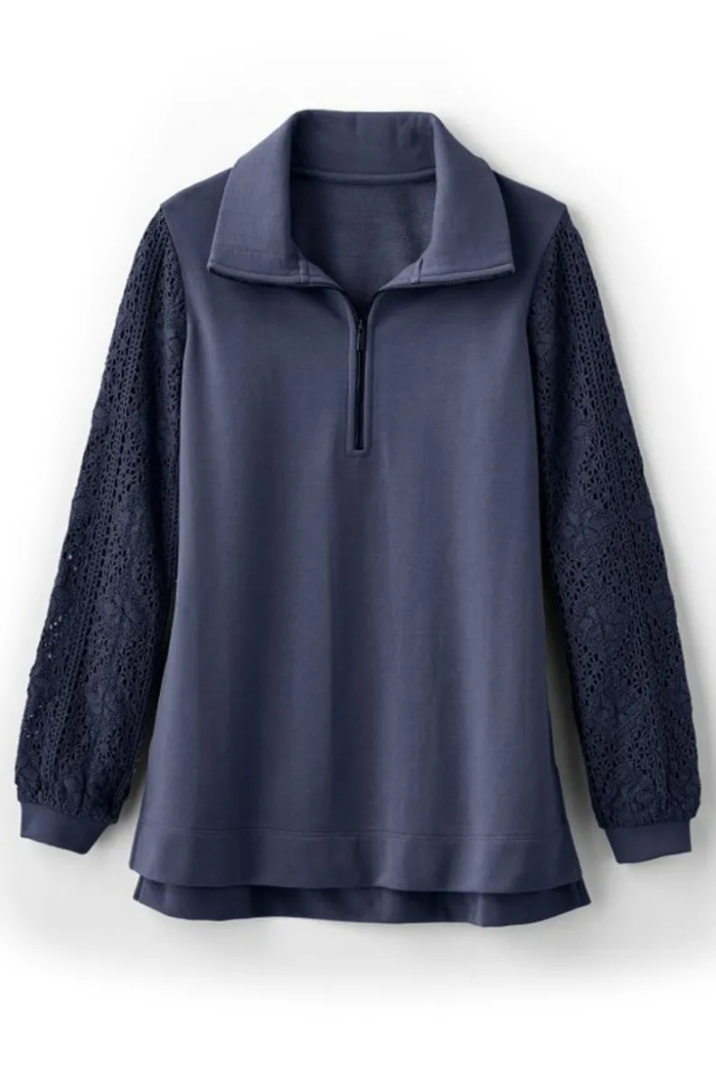 Best Soft Surroundings Crochet Sleeve French Terry Tunic