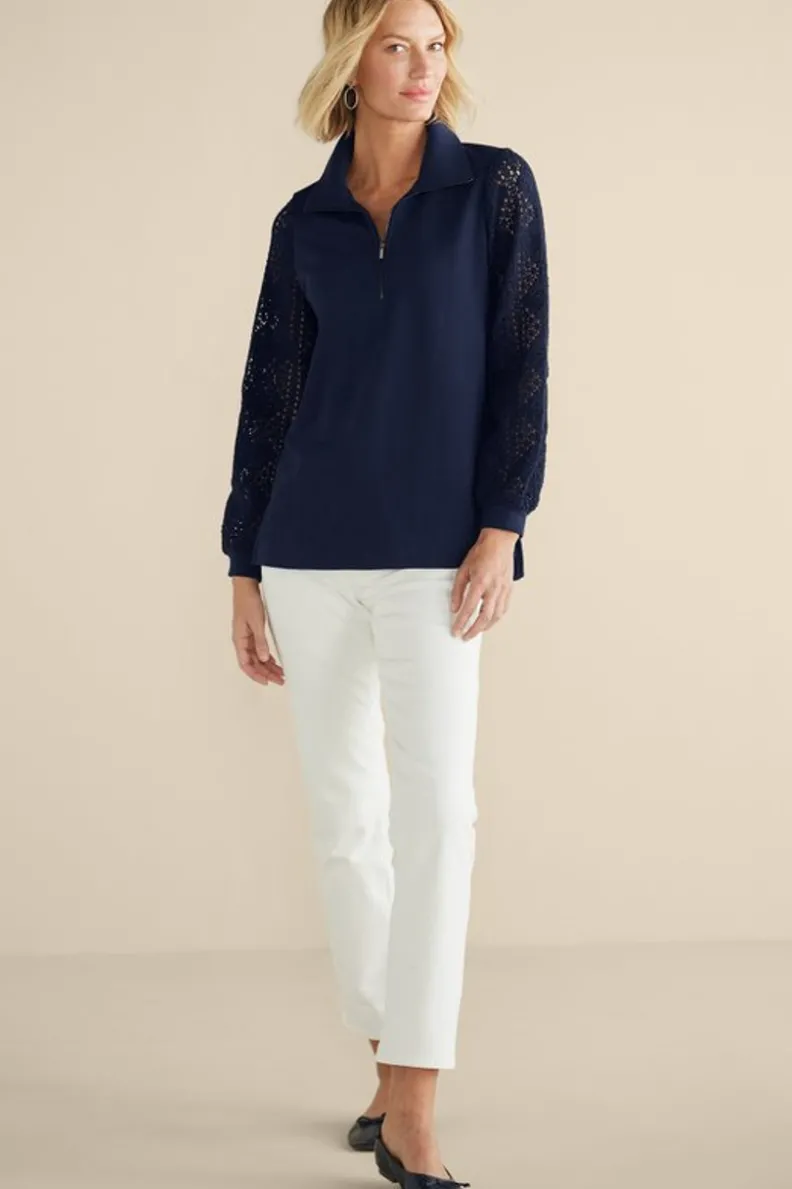 Best Soft Surroundings Crochet Sleeve French Terry Tunic