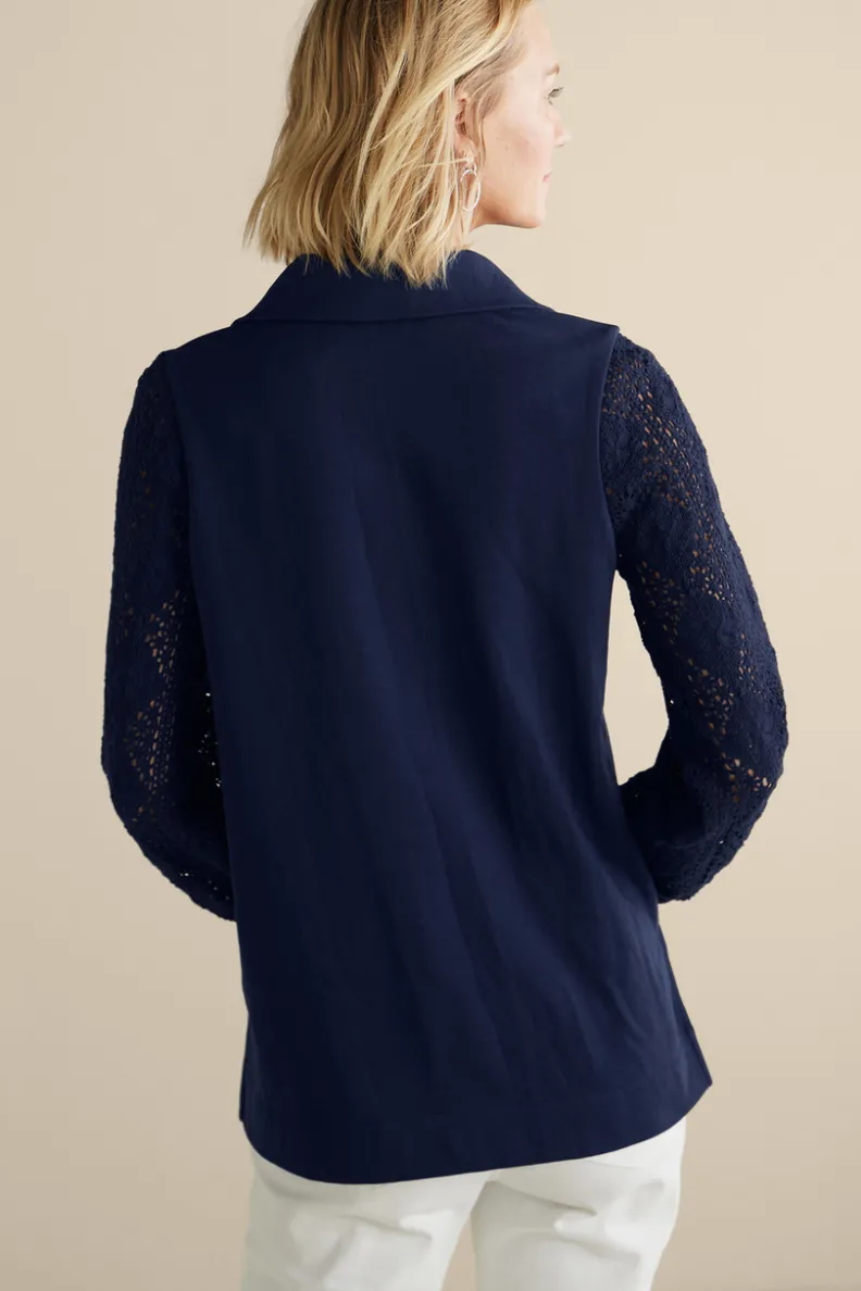 Best Soft Surroundings Crochet Sleeve French Terry Tunic