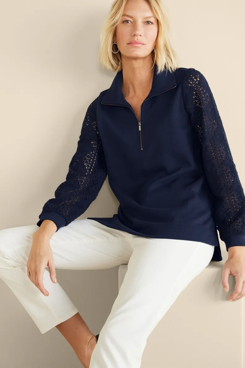 Best Soft Surroundings Crochet Sleeve French Terry Tunic