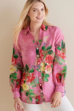 Clearance Soft Surroundings Danica Embellished Shirt Red/PinkFloral