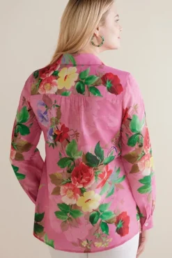 Clearance Soft Surroundings Danica Embellished Shirt Red/PinkFloral