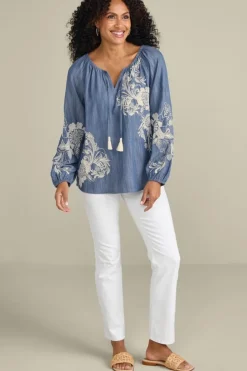 Outlet Soft Surroundings Diya Embroidered Tencel™ Peasant Top MediumWash