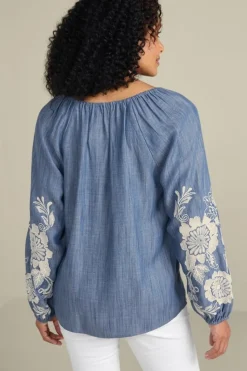 Outlet Soft Surroundings Diya Embroidered Tencel™ Peasant Top MediumWash