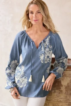 Outlet Soft Surroundings Diya Embroidered Tencel™ Peasant Top MediumWash