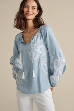 Outlet Soft Surroundings Diya Embroidered Tencel™ Peasant Top MediumWash
