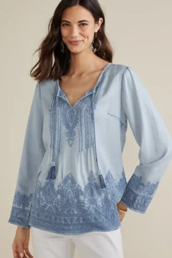 Sale Soft Surroundings Emily Embroidered Tencel™ Top LightChambray