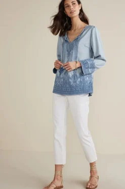 Sale Soft Surroundings Emily Embroidered Tencel™ Top LightChambray