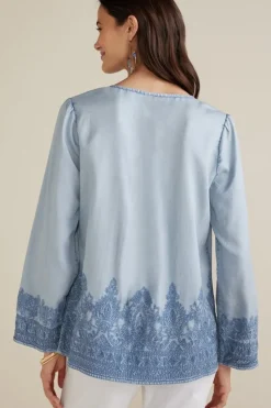 Sale Soft Surroundings Emily Embroidered Tencel™ Top LightChambray