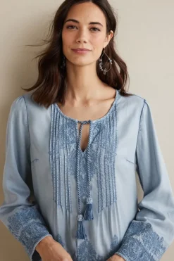 Sale Soft Surroundings Emily Embroidered Tencel™ Top LightChambray