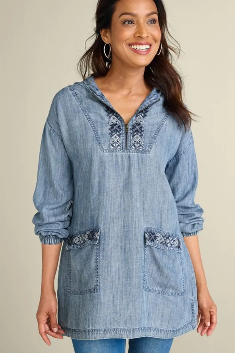 Fashion Soft Surroundings Evie Embroidered Tencel Hoodie WashedBlue