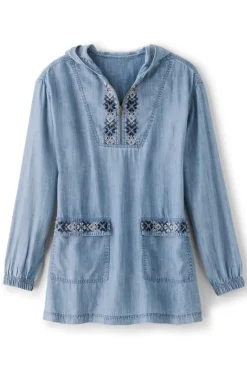 Fashion Soft Surroundings Evie Embroidered Tencel Hoodie WashedBlue