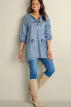 Fashion Soft Surroundings Evie Embroidered Tencel Hoodie WashedBlue