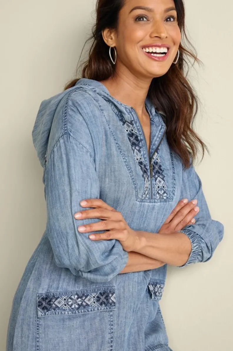 Fashion Soft Surroundings Evie Embroidered Tencel Hoodie WashedBlue