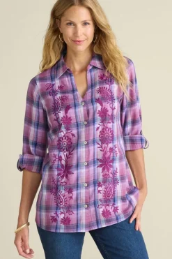 Clearance Soft Surroundings Gracie Embroidered Plaid Big Shirt BayAreaPlaid