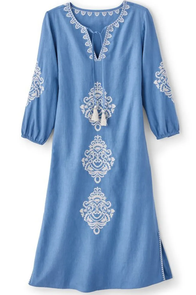 New Soft Surroundings Hasana Linen Blend Midi Dress RiversideBlue