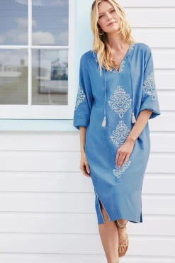 New Soft Surroundings Hasana Linen Blend Midi Dress RiversideBlue