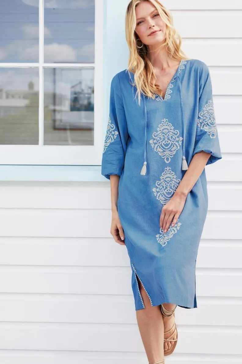 New Soft Surroundings Hasana Linen Blend Midi Dress RiversideBlue