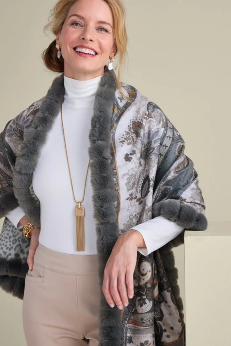 Best Soft Surroundings Katya Faux Fur Trim Wrap Scarf Gray