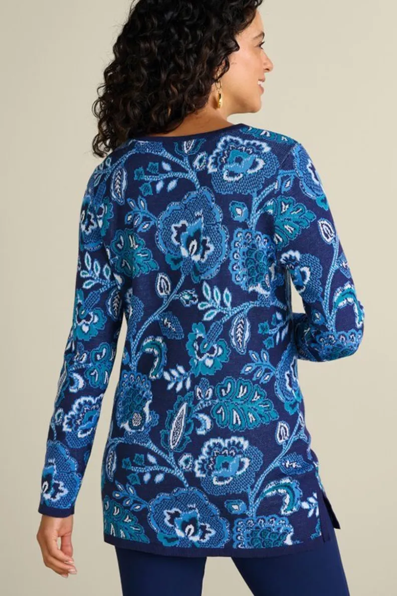 New Soft Surroundings Leonor Jacquard Tunic Sweater FallGardenBlue