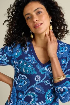 New Soft Surroundings Leonor Jacquard Tunic Sweater FallGardenBlue