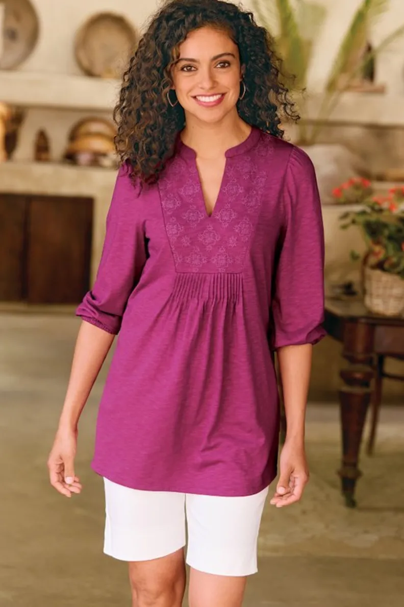 Discount Soft Surroundings Mikaela Embroidered 3/4 Sleeve Tunic RaspberryRadiance